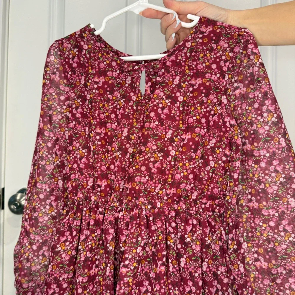Little Lass Girls Burgundy Floral Chiffon Long‎ Sleeve Dress Size 6